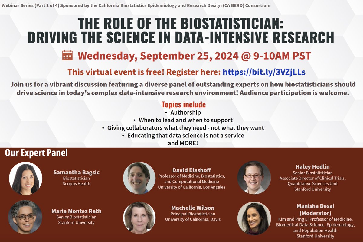 QSU is proudly presenting the Webinar Series sponsored by the California Biostatistics, Epidemiology and Research Design Consortium! The inaugural webinar on 9/25 will focus on biostatistician's role in today's data-intensive research.  Register today! 
bit.ly/3VZjLLs