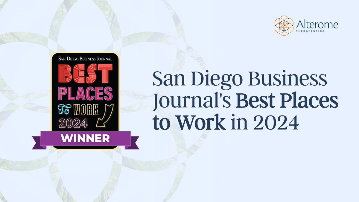 We’re honored to be chosen as one of <a href="/SDbusiness/">San Diego Business Journal</a>’s Best Places to Work in 2024! At Alterome, we know the key to achieving our mission is through the collective success and respect of each team member as we commit to transform the lives of cancer patients.