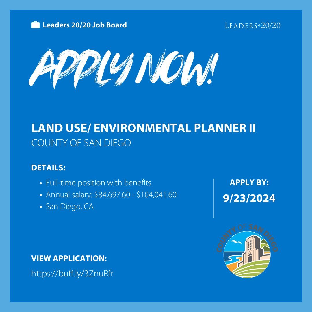 @countyofsandiego is hiring a Land Use/Environmental Planner II

Details:
Full-time position with benefits
Annual salary: $84,697.60-$104,041.60
San Diego County

Apply by September 23rd, 2024 

View job description:
buff.ly/3ZnuRfr
