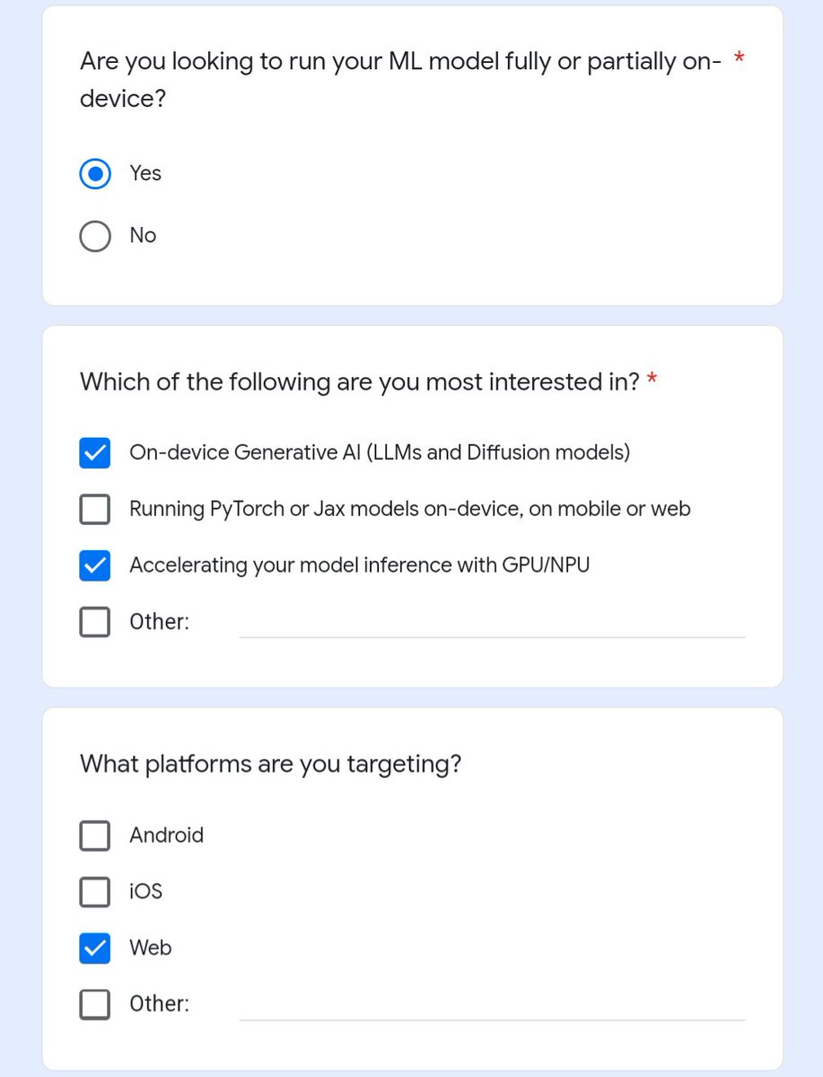 jason_mayes's tweet image. #WebAI fam, we want to hear from you! We're seeking early access partners to try out some of our latest tools / APls for Google AI Edge and need feedback from #WebML users to understand your use cases too! Take 2 mins to fill out this form +shape future: docs.google.com/forms/d/1KzQZK…