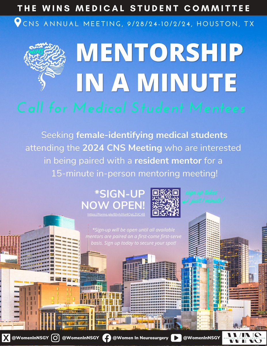 Attention all #medicalstudents!🧠 Sign-ups are now open to be a mentee at the #2024CNS #mentorship in a minute event. Spend 15 minutes with current #Neurosurgery residents and get firsthand insights into the field. Don't miss this unique opportunity—spots are limited!
