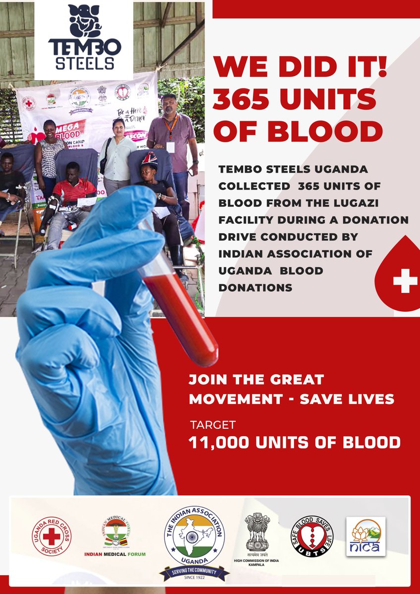 BLOOD DONATION DRIVE SUCCESS! Excited for the 365 units collected at Tembo Steels Uganda! Thanks to  <a href="/IndianAssnUg/">The Indian Association Uganda</a> for this great initiative. let’s meet the 11,000 blood units target together, It’s possible #BloodDonation #TemboCares #IndianAssociationUganda <a href="/MinofHealthUG/">Ministry of Health- Uganda</a>