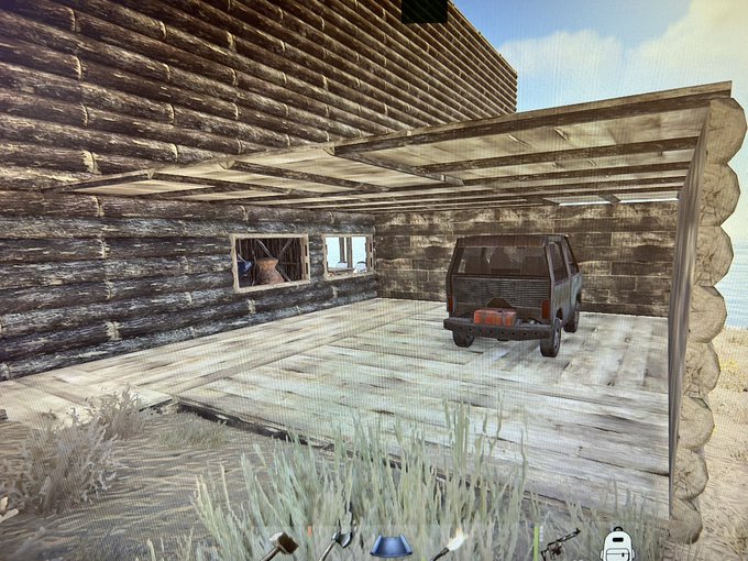 #SSSRUST  配信しようと思ってたんだけど寝かしつけで一緒に寝落ちしてしまった🥺💦インしたら野晒しのマイカーが崩壊しかかってたので簡易的なガレージを作りました！次はマイカーで遠征したいなあ〜 https://t<a href="/tag/sssrust"class="tags">#SSSRUST</a>