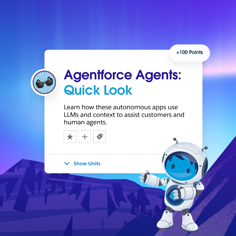trailhead's tweet photo. 🤩 It's HERE! Now, It's your turn to skill up on Agentforce. 🤓

Learn how to build your first agent and uncover how it integrates freely with generative AI to handle tasks, make decisions, and more.

Start now: