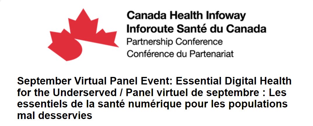 Essential Digital Health for the Underserved Virtual Panel Event
Tue, Sep 17, 9 AM (PT)

Access to the right information at the right time is not only crucial for a well-functioning healthcare system but can be lifesaving for Canadians.

Register Now: infoway-inforoute.zoom.us/webinar/regist…
