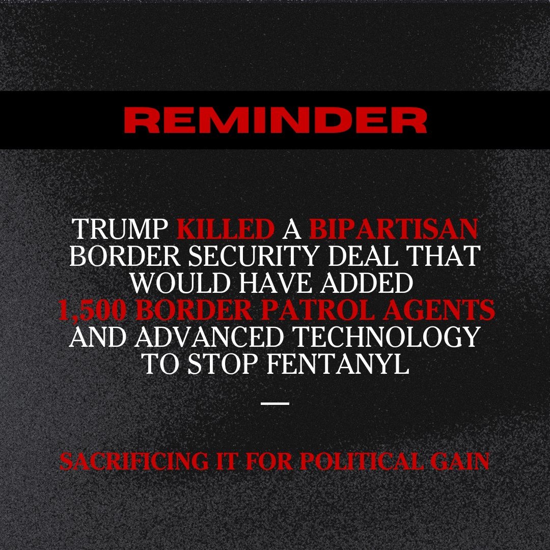 NickKnudsenUS's tweet photo. It would have been nice to have another 1,500 border patrol agents and advanced technology to stop the flow of fentanyl into America.

Too bad Trump tanked the deal.

He doesn't want to solve problems. He just wants power.

Never forget it. #YesWeKam https://t.co/sUEeJonj9J