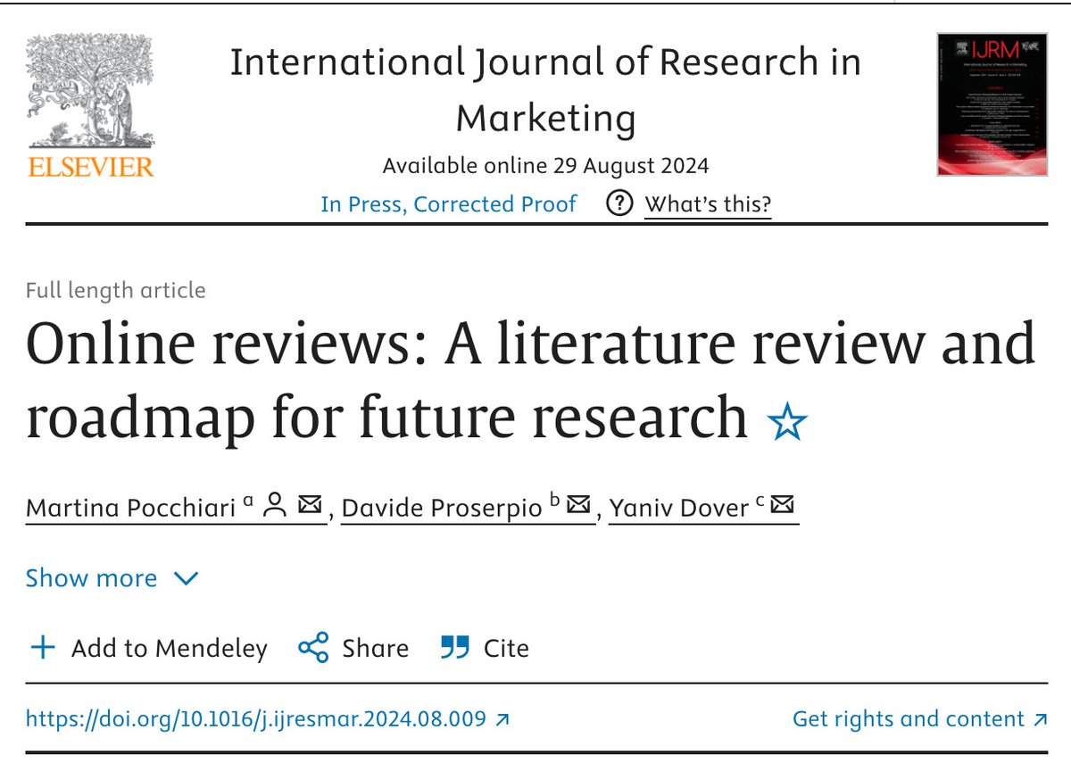Martina Pocchiari (@pccmtn) on Twitter photo 🚀 Just published! Our (w/ <a href="/yanivdover/">yanivdover</a> <a href="/dade_us/">Davide Proserpio</a>) comprehensive review on online reviews is now online at <a href="/IJRMktg/">International Journal of Research in Marketing</a>.
A short 🧵:
sciencedirect.com/science/articl… 🚀 Just published! Our (w/ <a href="/yanivdover/">yanivdover</a> <a href="/dade_us/">Davide Proserpio</a>) comprehensive review on online reviews is now online at <a href="/IJRMktg/">International Journal of Research in Marketing</a>.
A short 🧵:
sciencedirect.com/science/articl…