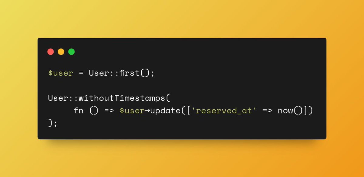 codefern's tweet image. 💡Laravel Tip:
To perform model operations without updating the updated_at timestamp, you can wrap the operations inside a closure provided to the withoutTimestamps method.
#laravel #Eloquent #database #sql #orm