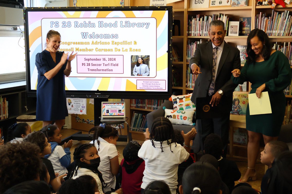 CnDelarosa's tweet image. The best mornings are spent in schools! Thank you @RepEspaillat for collaborating with us to bring a $1.5M soccer field to @PS28Library 
Education is a wholistic experience, and the students learned about civic engagement through their advocacy for this project.