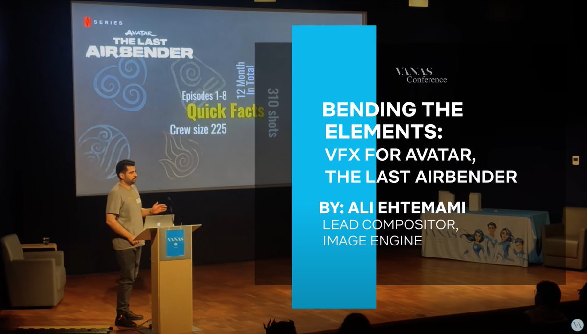 ImageEngine's tweet image. C R E W - Our lead compositor, Ali Ehtemami, shared insights into #ImageEngine’s compositing pipeline & how we brought the visual effects in #AvatarTheLastAirbender to life at the VANAS Conference. Great job, Ali! 👏
Read more: vanas.ca/en/blog/the-ar…
#VFX #VANASConference
