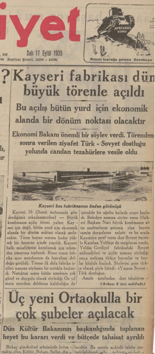 SMEYDAN's tweet photo. Cumhuriyet'in Dev Eserlerinden Sümerbank Kayseri Bez Fabrikası  89 yıl önce bugün açıldı.(16 Eylül 1935)

Mustafa Kemal Atatürk, Birinci Beş Yıllık Sanayi Planını uygulamak için 1933'te Sümerbank'ı kurdu. Aynı yıl  Moskova'da Türk-Sovyet ortaklığıyla Türkstroy adlı bir şirket kuruldu. Bu arada İsmet Paşa bir heyetle Sovyet Rusya'ya gitti.
1934’te 20 yıl vadeli 8 milyon  Amerikan Doları (16 milyon TL) faizsiz bir Sovyet kredisi alındı. İlk fabrikaların yapımında kullanılacak bu kredi mal karşılığı geri ödenebilecekti.

Başbakan İsmet İnönü ve milletvekillerinin katıldığı bir tören ile 20 Mayıs 1934’te Sümerbank Kayseri Bez  Fabrikası'nın temeli atıldı. Fabrika ve donatılarının projesi Moskova’da hazırlandı, Türkiye'de Sümerbank mühendislerince gözden geçirildi. Türk müteahhitler tarafından uygulandı.

Hummalı bir çalışma sonrasında 16 Eylül 1935’te Kayseri Sümerbank Bez Fabrikası üretime başladı.

Sümerbank'ın diğer fabrikaları gibi Sümerbank Kayseri Bez Fabrikası da sadece üretim yapılan bir yer olarak görülmeyip işçilerin her türlü ihtiyacına yanıt veren bir sosyal fabrika olarak tasarlandı.  Kompleksin içinde işçilerin sosyalleşme ihtiyacını giderecek ve toplumsal aydınlanmaya katkı sağlayacak hastane, kreş, ilkokul, ortaokul, lise, lokal,  sinema ve  tenis kortundan yüzme havuzuna çok çeşitli spor alanları gibi sosyal donatılar yapıldı.

Kuruluş yıllarında yaklaşık 2100 işçi ile 155 memurun çalıştığı fabrika için 1935-1945 arasında kompleks içinde farklı tipte toplam 235 konutun yer aldığı çeşitli fabrika lojmanları inşa edildi. 

Kullanacak kişi sayısına göre konut tipolojileri belirlendi ve odalar buna göre planlandı. 1935’te memurlar için 5 odalı dubleks 8 dairesi olan apartmanlar ile 3 odalı 16 daire inşa edildi. Fabrikanın dışında ise ustaların kalması için 2 katlı apartmanlardan oluşan toplamda 64 dairenin yer aldığı 4 blok yapıldı. İhtiyaçların artması üzerine 1937’de bekar işçilerin kalması için 350 yatak kapasiteli bekar apartmanı yapıldı. Betonarme sistemle inşa edilen konutların cephesinde yerel malzeme olan taş kullanıldı.

Atatürk'ün sosyal fabrika projesinin ilk örneklerinden olan Sümerbank Kayseri Bez Fabrikası sosyo-kültürel özellikleriyle Kayseri'nin kentleşmesinde ve uygarlaşmasında da çok özel ve öncü bir işleve sahip oldu. Fabrika 1999'a kadar üretime devam etti.

https://t.co/JUreB0cQt7