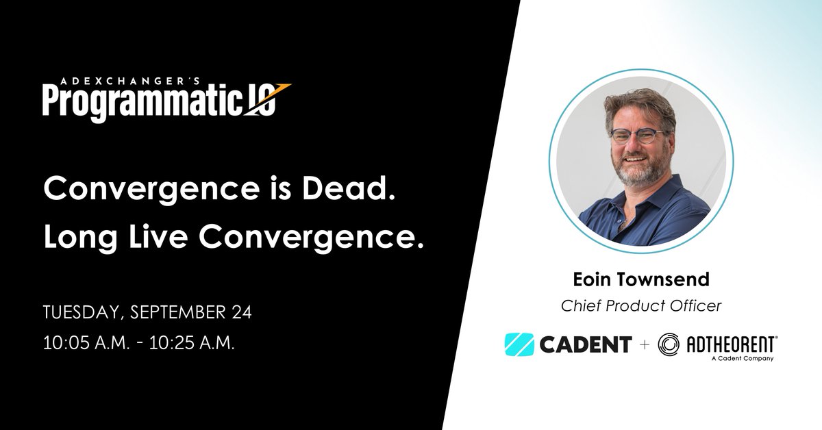 wearecadent's tweet photo. Join Cadent’s Chief Product Officer, Eoin Townsend, at #ProgrammaticIO on Sept 24, 10:05am! Eoin will explore the convergence of digital, social, and TV, and how marketers can adapt to succeed. @AdExchanger #PROGIO #DigitalMarketing #AdTech #AI https://t.co/1DXunlRKml