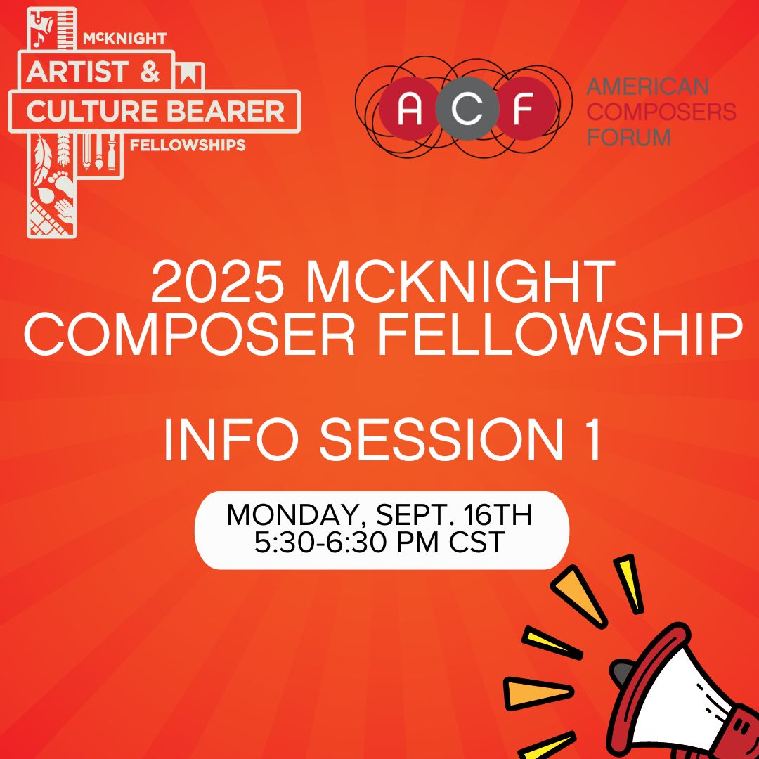 Composers Forum (@composersforum) on Twitter photo 📢📣Today @ 5:30 PM CST The first 2025 McKnight Composer Fellowship Information Session! 
Topic: We will review all guidelines and walk through the application process in SlideRoom.
Register here: buff.ly/3XJXtxU
#InfoSession #Grant #ACF #Composer@McKnightFdn 📢📣Today @ 5:30 PM CST The first 2025 McKnight Composer Fellowship Information Session! 
Topic: We will review all guidelines and walk through the application process in SlideRoom.
Register here: buff.ly/3XJXtxU
#InfoSession #Grant #ACF #Composer@McKnightFdn