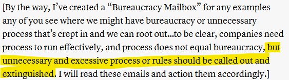 stklein's tweet photo. Announcing the creation of a "Bureaucracy Mailbox" to help identify "unnecessary and excessive process and rules" in the same memo that announces the Return-to-Office mandate. 

Chef kiss. no notes. It's perfect. https://t.co/G1GsJWhH7Y