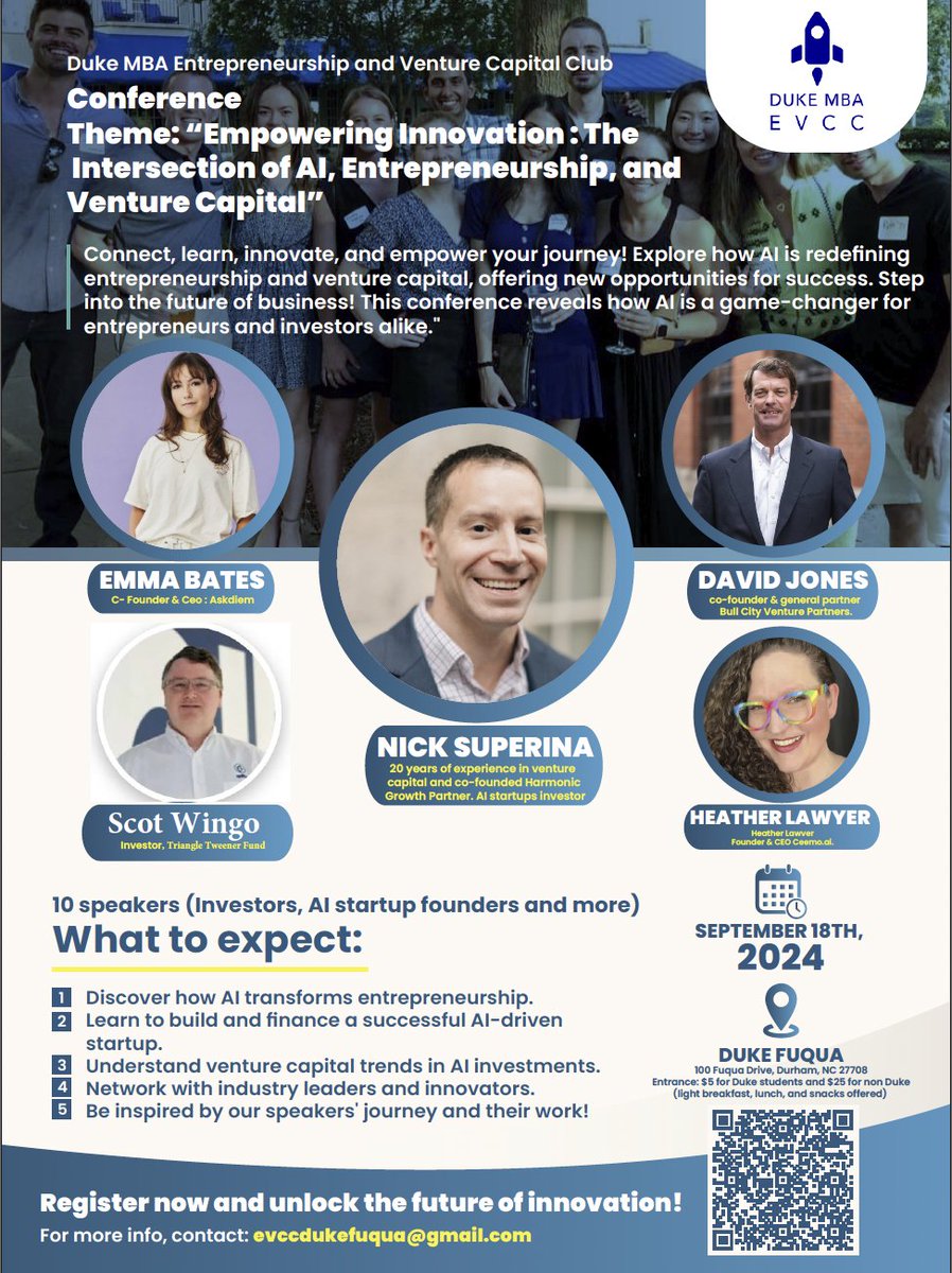 Just two days until the Empowering Innovation Conference!

Join <a href="/DukeFuqua/">Duke Fuqua</a>'s Entrepreneurship and Venture Capital Club for their highly anticipated Empowering Innovation Conference: The Intersection of AI, Entrepreneurship, and Venture Capital.

Discover how #AI is transforming