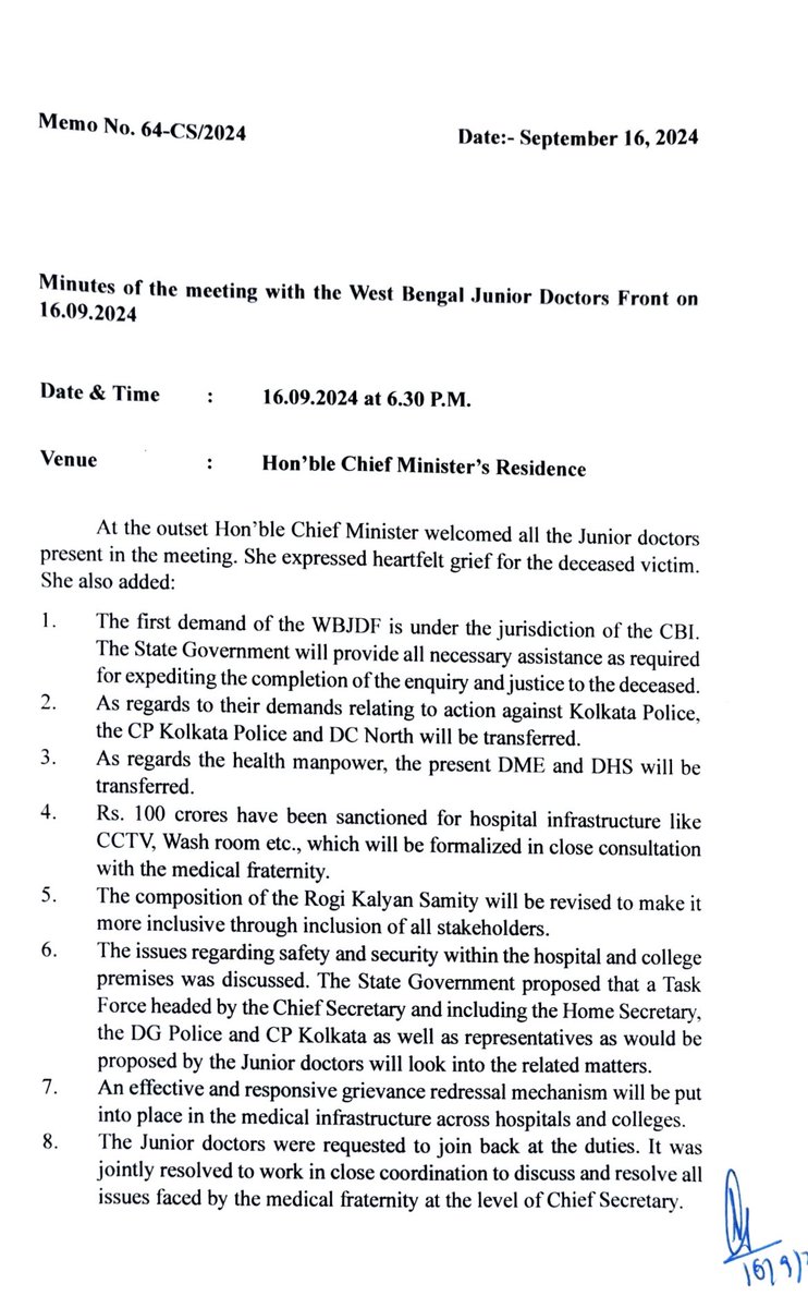 AIIMSRDA's tweet image. Partial  victory for doctors in West Bengal and across the nation! A few major demands have been accepted, proving the strength of doctors&apos; unity. Together, we achieved this milestone! #DoctorsUnited
#JusticeForRGkor @MoHFW_INDIA @MamataOfficial @Wbdf_official