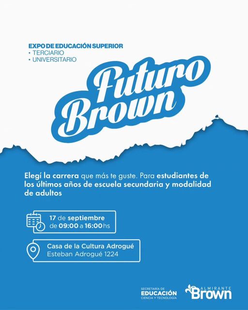 CascallaresPJ's tweet photo. Mañana martes llega la Expo de Educación Superior FUTURO BROWN orientada especialmente a los jóvenes brownianos.

Allí encontrarás:
 ✅Stands de universidades
 ✅Charlas de profesionales
 ✅Orientación vocacional
 ✅Espacios para reflexionar sobre tu futuro en el mercado laboral https://t.co/5KfRcdXKfa