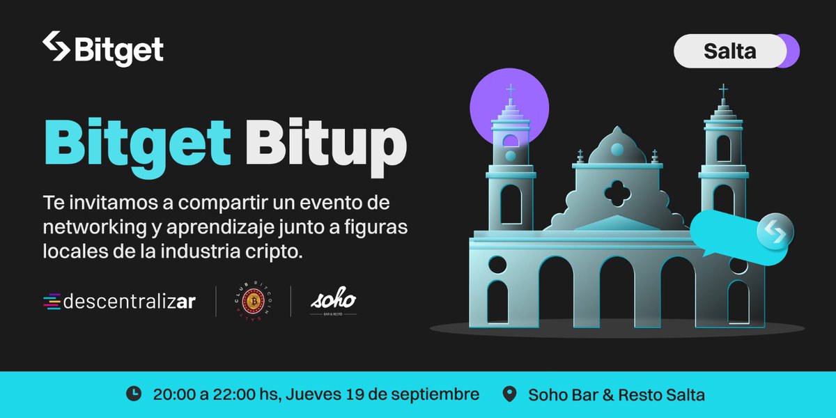 😀👋🏼 Para palpitar #DescentralizAr en Salta 🦙🏔️🇦🇷, nos unimos a <a href="/BitgetES/">Bitget Español</a> para organizar un #Bitup #Meetup | ✅ Entrada gratuita ¡Incluye bebidas y pizza!  🍕 🍻 

¡No te pierdas este side event! Speakers de lujo, concursos,regalos exclusivos y muchísimo networking. 🤓

📍Jueves