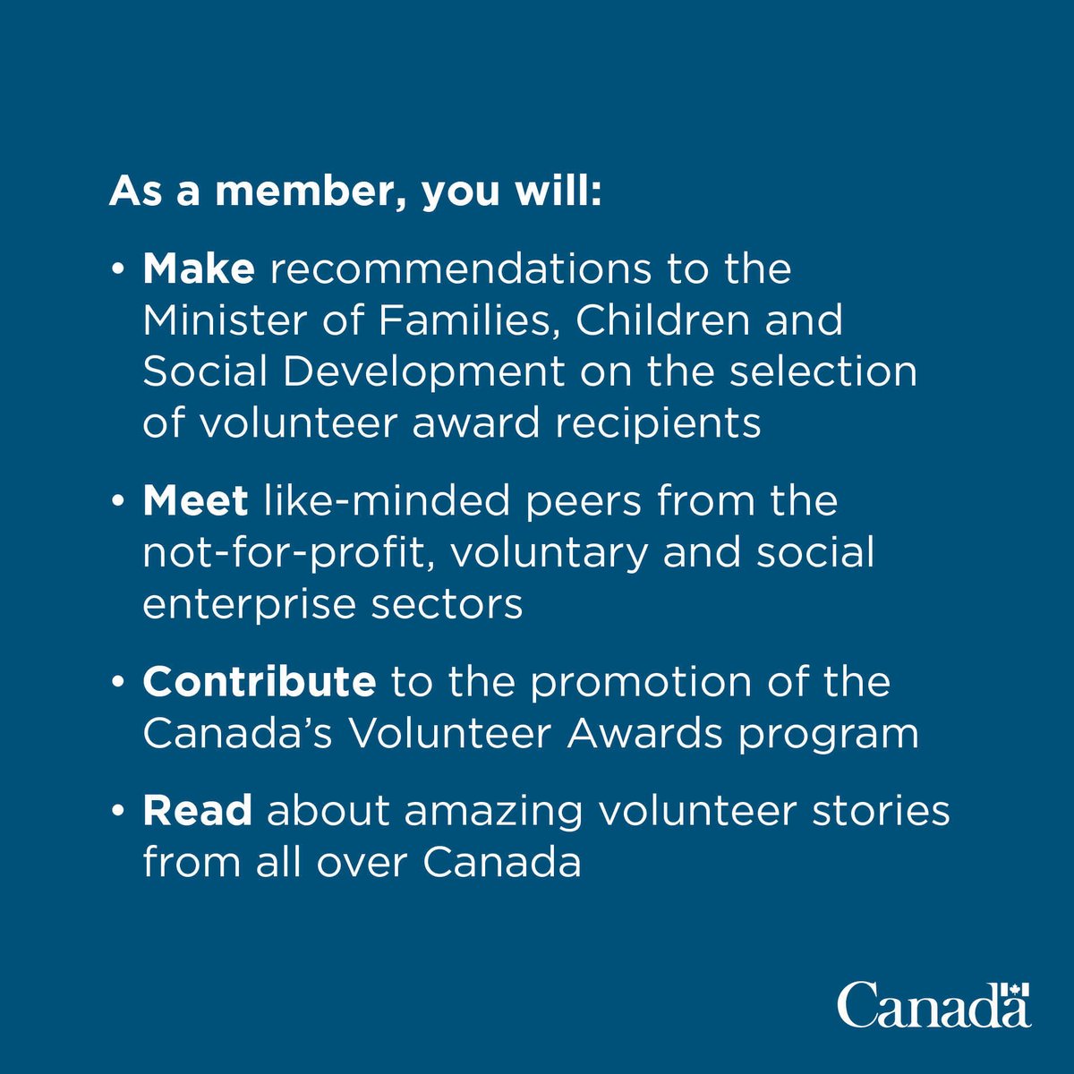 You can now apply to be part of the #CanadaVolunteerAwards National Advisory Committee!⭐

For all info: ow.ly/KVhU50Toogu