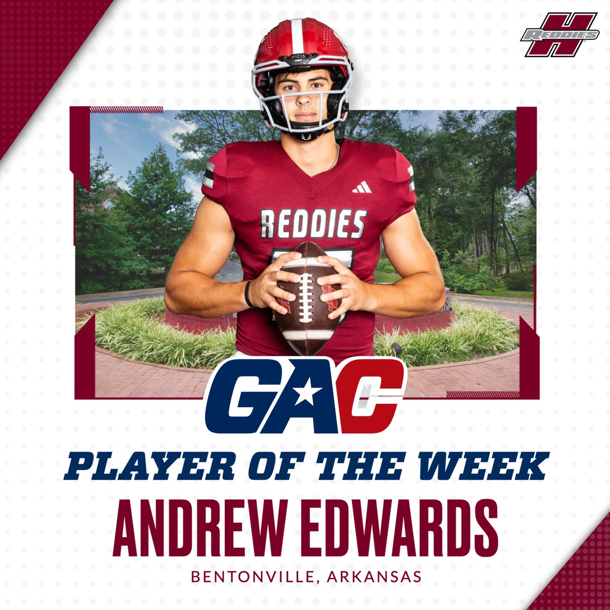 ReddiesFB's tweet photo. 434 passing yards. That's a lot.
QB1 is the @GACAthletics Player of the Week! 🏆
📝 >>> https://t.co/rBEXD4Kwvl
#CodeRed https://t.co/EvuRBhRotS