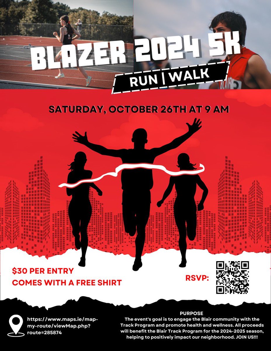 Join Us 10/26 for our 1st Blazer 5k Run/Walk Fundraiser! Race starts at 9am! This is for runners of all ages, invite family and friends. All Runners will receive a Blazers T shirt ! $30/ per entry Link In Bio to register. All proceeds will go towards the Blair Track programs.