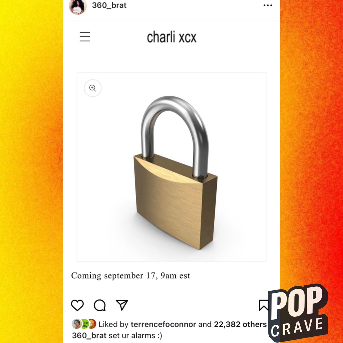 PopCrave's tweet image. Charli xcx tells fans to set their alarms for tomorrow at 9 am EST.