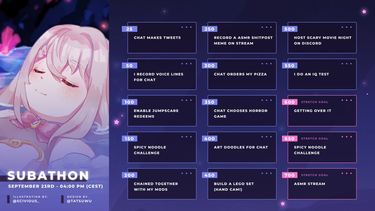 🤍 ‼️ SMUGGIE SUBATHON ‼️ 🤍

I'll be doing another (capped) SUBATHON!! We'll have a bunch of fun stuff planned to do together and I'm excited to spend so much time with you!! 🦭✨

📅 Monday, 23rd of September
🕐 4 pm CEST | 10 am EST

🤍💎🤍💎🤍