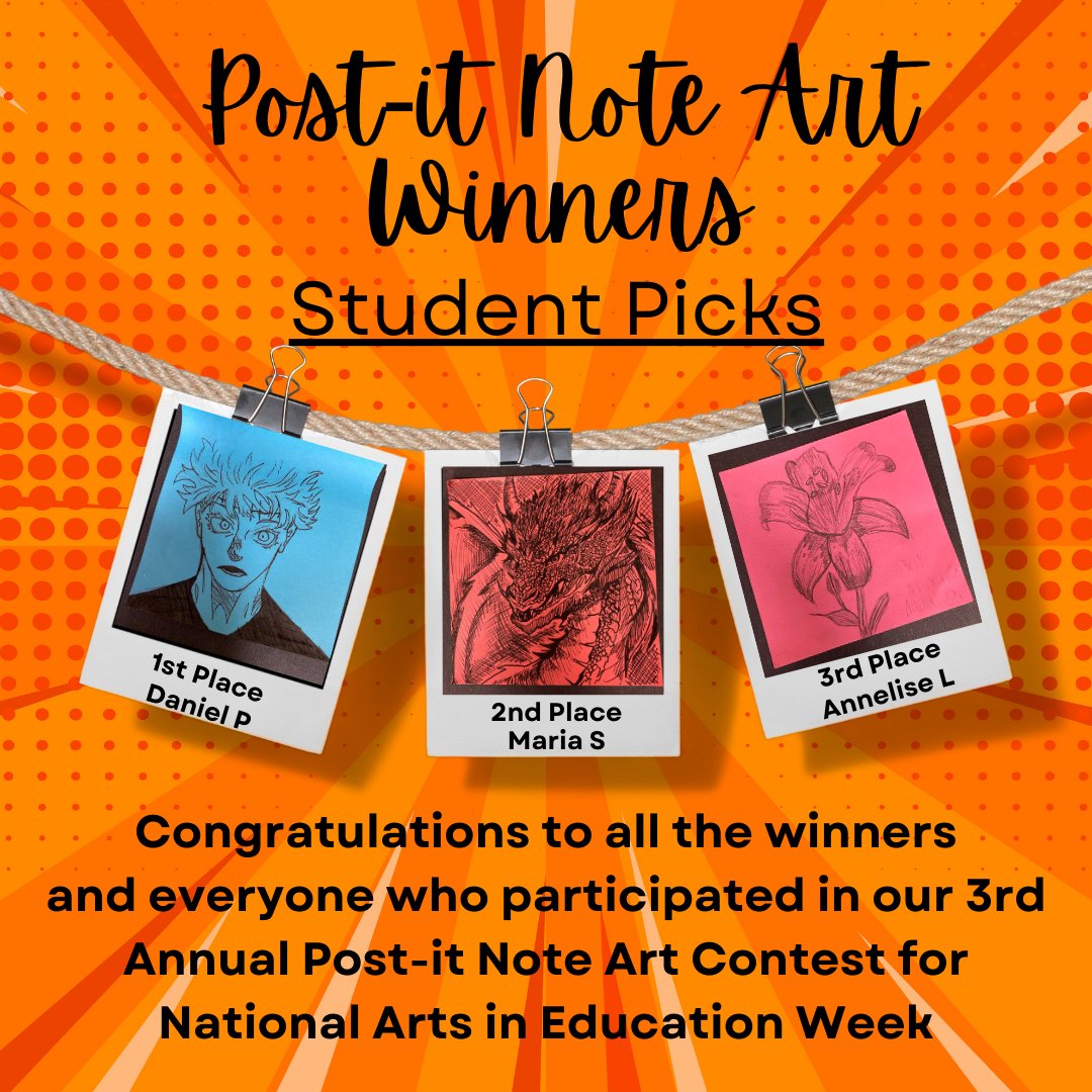 WMJHlibrary's tweet image. Congratulations to our student picks for our Post-It Note Art contest!  We had some great entries, and these were our top three STUDENT picks! #ArtsEdWeek #CreativityForAll #VisualArtsEd #BecauseOfArtsEd #katylibraries @wmjhjaguars