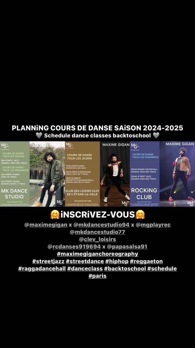 maximegigan's tweet photo. 🕺🏻Back to school w/@maximegigan in @Mk_Dance_Studio 94•#clev_loisirs 78•@Rocking_Club_91 #maximegigan #streetjazz #streetdance #hiphop #reggaeton #raggadancehall #danceclass #cours #danse #work #choreography #maximegiganchoreography #danceteacher #schedule #joinus #dance #paris https://t.co/KLYabgzqig