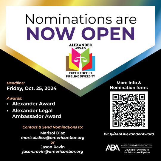 Nominations are open for the 2025 Raymond Pace and Sadie Tanner Mossell Alexander Awards for Excellence in Pipeline Diversity. Recognize leaders expanding diversity in the legal profession. 

📅October 25, 2024
Learn more at bit.ly/ABAAlexanderAw…