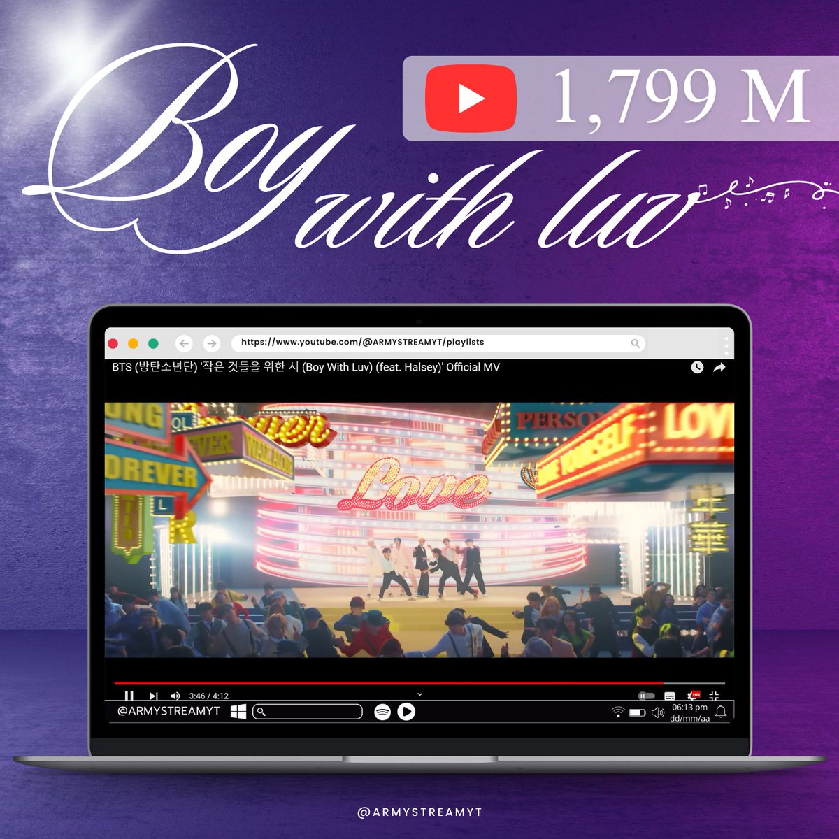 ARMYSTREAMYT's tweet photo. 🚀| 'BOY WITH LUV' de @BTS_twt  se encuentra a 262k vistas de alcanzar los 1800M en Youtube ! 

🖇️:  https://t.co/NfCA9aFAfs

🔑 
#BoyWithLuv 
#ARMYonYoutube https://t.co/bCG2dWlC2c