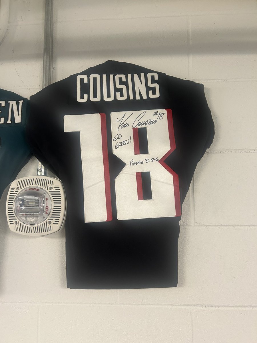 SpartanFB_eq's tweet image. Thanks to Kirk for sending his new jersey to add to our Spartans in the NFL Wall! Good luck tonight on MNF! @KirkCousins8