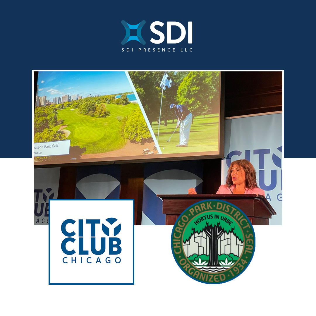 SDI live at the City Club of Chicago with Chicago Park District commissioner Rose Escareno. SDI partners with parks to support their critical technology systems.