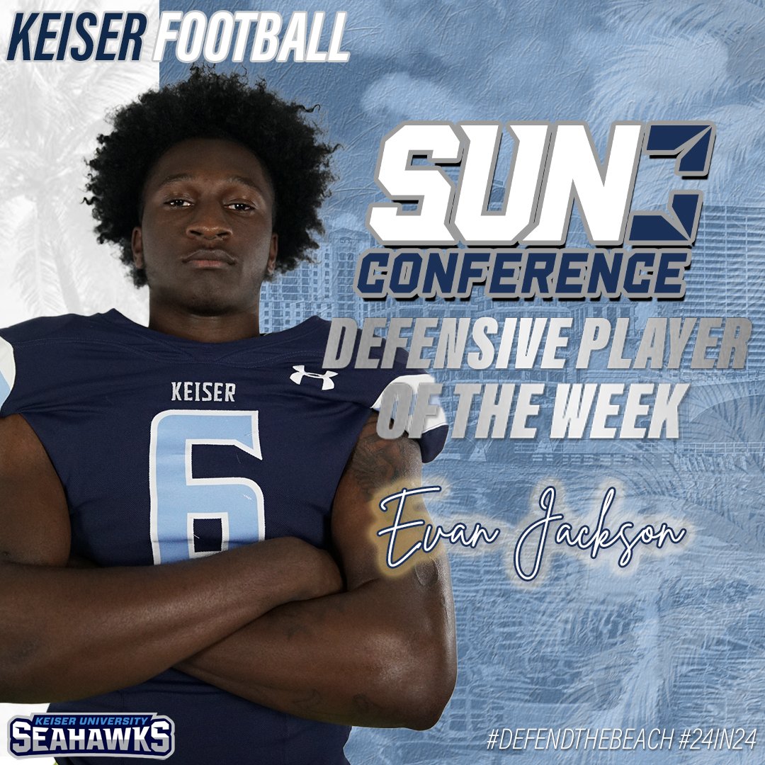Congratulations to Evan Jackson!!! This week's Sun Conference Defensive Player of the Week.

#DefendTheBeach #SeahawkFast #GRIT
