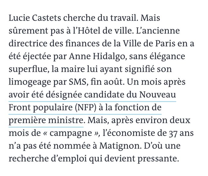 FredericLefevre's tweet photo. Virée par SMS ou pas, peu importe...Par contre, la haut fonctionnaire Lucie Castets travaillait donc pour sa campagne "1ère ministre NFP", sur argent public payé par mairie de Paris, 1 mois avant ses congés. 

Une enquête ?
  
#CastetsGate https://t.co/faJP5H3yPd