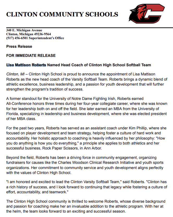 Clinton has announced Lisa Mattison Roberts as the school's new varsity head softball coach. She spent the previous two seasons as an assistant for the team.