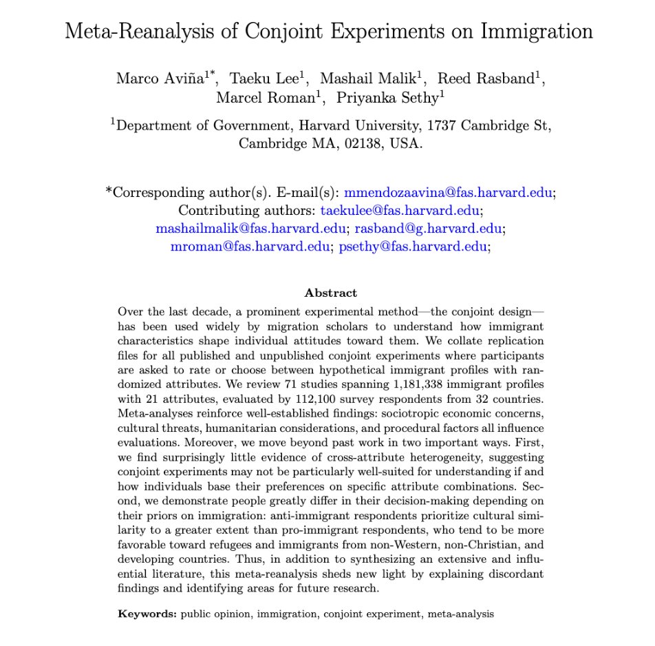 Mashail Malik (@malikmashail) on Twitter photo Excited to share this working paper with amazing collaborators at <a href="/Harvard_GovDept/">Harvard Department of Government</a>. We conduct a meta-reanalysis of conjoint studies on immigration preferences -- we welcome suggestions for additional analyses to perform with 100,000+ survey responses from 32 countries! Excited to share this working paper with amazing collaborators at <a href="/Harvard_GovDept/">Harvard Department of Government</a>. We conduct a meta-reanalysis of conjoint studies on immigration preferences -- we welcome suggestions for additional analyses to perform with 100,000+ survey responses from 32 countries!