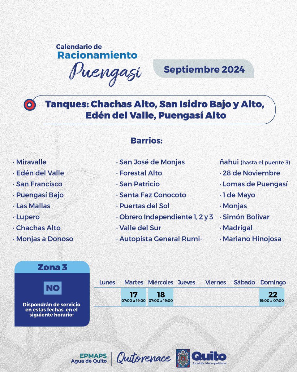 📅 #CronogramaDeAbasatecimiento | Debido al verano extremadamente seco con 38 días sin lluvias, las altas temperaturas y el crecimiento poblacional, implementamos provisionalmente los cronogramas de abastecimiento de agua potable para ciertas zonas del Distrito Metropolitano de