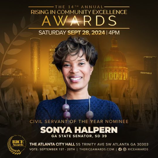 Senator Sonya Halpern (@sonyahalpern_) on Twitter photo 14th Rising in Community Excellence #RICEAwards are less than two weeks away!  I’ve been nominated for Civil Servant of the Year award. Voting ends Fri, and I would be so grateful for your support. thericeawards.com/vote/ 14th Rising in Community Excellence #RICEAwards are less than two weeks away!  I’ve been nominated for Civil Servant of the Year award. Voting ends Fri, and I would be so grateful for your support. thericeawards.com/vote/