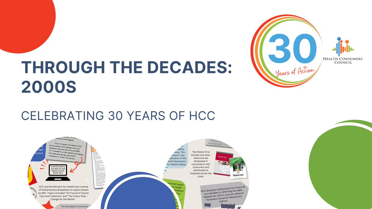 In the last 30 years, HCC has championed and supported thousands of people to assert their rights, have their say, and influence health service delivery.   Take a look at some health consumer and health advocate highlights of the 2000s -

hconc.org.au/through-the-de…