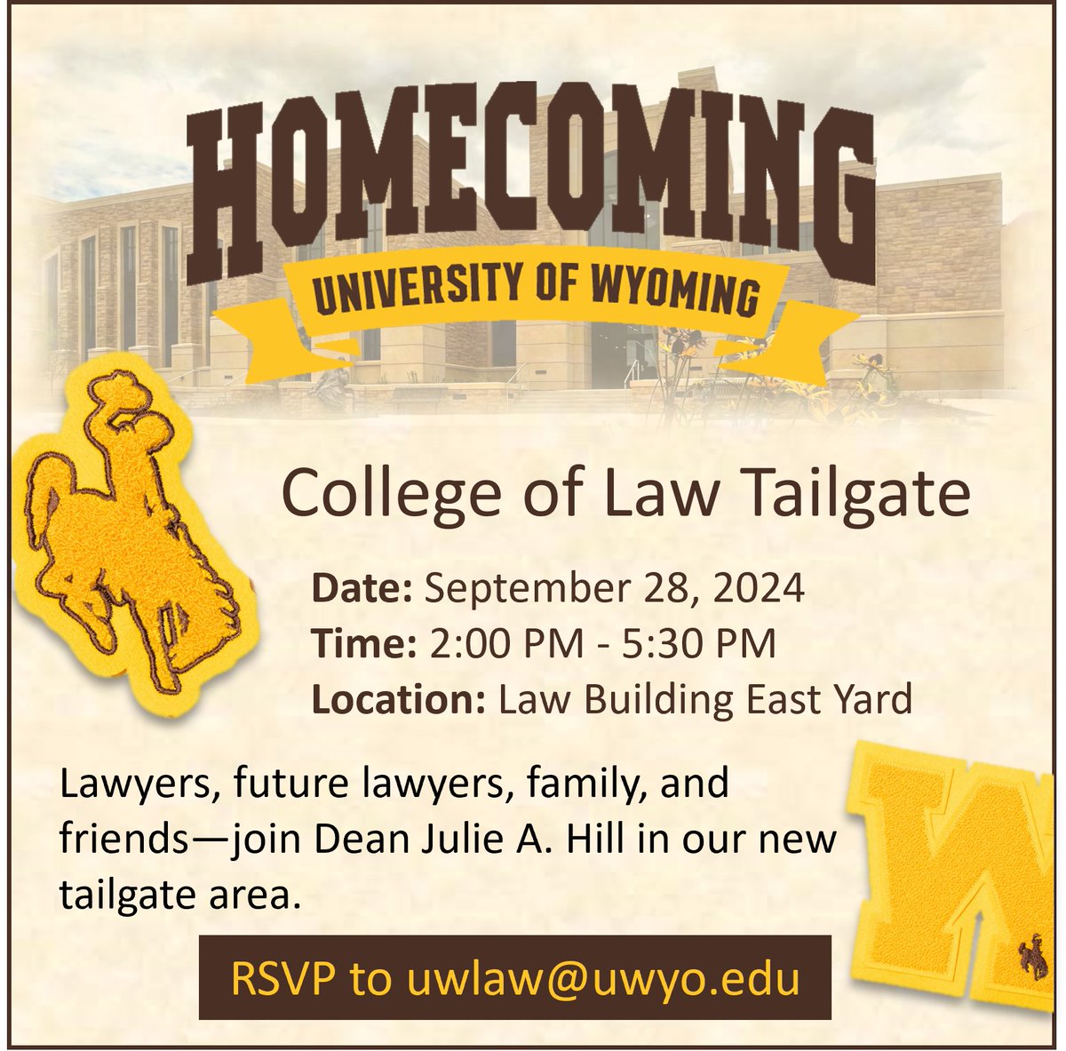 Homecoming Tailgate for UW Law alumni, students, and friends. Join us before the Air Force Game on September 28th.

#GoPokes🤠