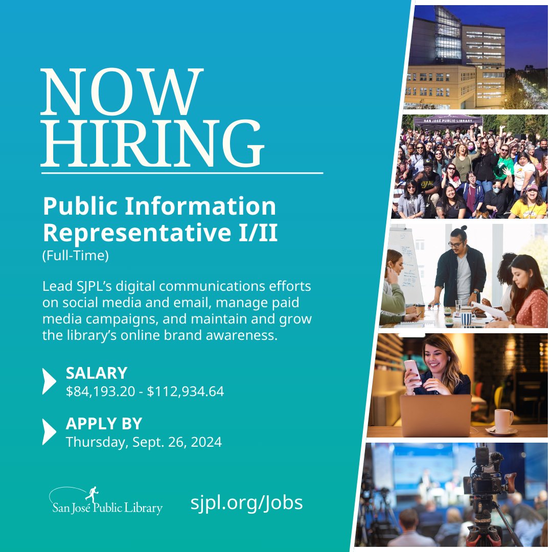 📣#NowHiring!

Join #SJPL's Marketing &amp; Communication team and help lead the digital comms. efforts on social media and email, generate leads, manage paid media campaigns, and grow our online presence. 

Apply by Thursday, Sept. 26. 

Learn more at sjpl.org/Jobs