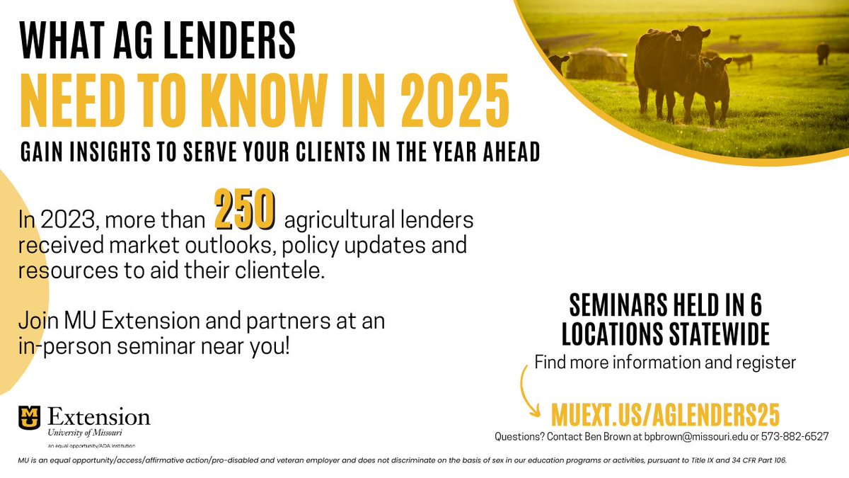 FAPRI-MU (@fapri_mu) on Twitter photo Join the growing number of lenders who make the <a href="/MUExtension/">MU Extension</a> ‘What Ag Lenders Need to Know’ series a can’t-miss event. Last year, more than 250 joined <a href="/MUExtAgEnviron/">MU Extension - Agriculture and Environment Program</a> team members for seminars.
Find a location near you at muext.us/aglenders25
#ExtendMU #2xAg2030 #agfinance Join the growing number of lenders who make the <a href="/MUExtension/">MU Extension</a> ‘What Ag Lenders Need to Know’ series a can’t-miss event. Last year, more than 250 joined <a href="/MUExtAgEnviron/">MU Extension - Agriculture and Environment Program</a> team members for seminars.
Find a location near you at muext.us/aglenders25
#ExtendMU #2xAg2030 #agfinance