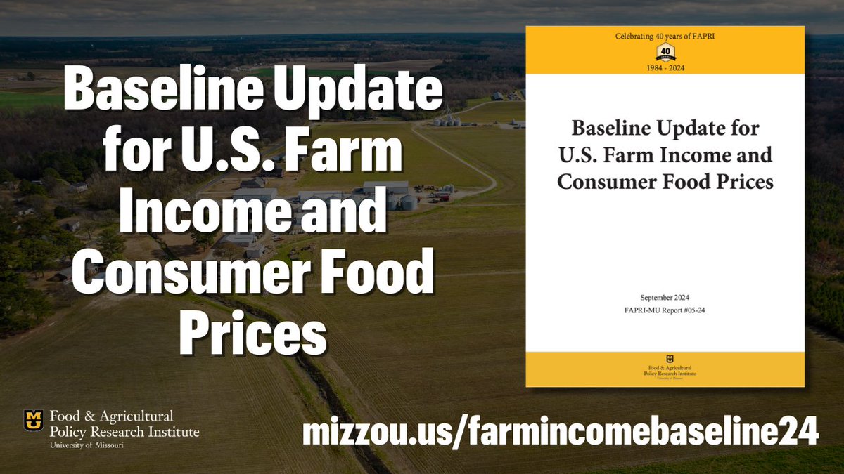 FAPRI's 2024 baseline update for U.S. farm income and consumer food prices is out! U.S. net farm income is projected to fall in 2025 and consumer food price inflation slows in 2024 and 2025. 

Check out the full report for more details: fapri.missouri.edu/publications/2…
