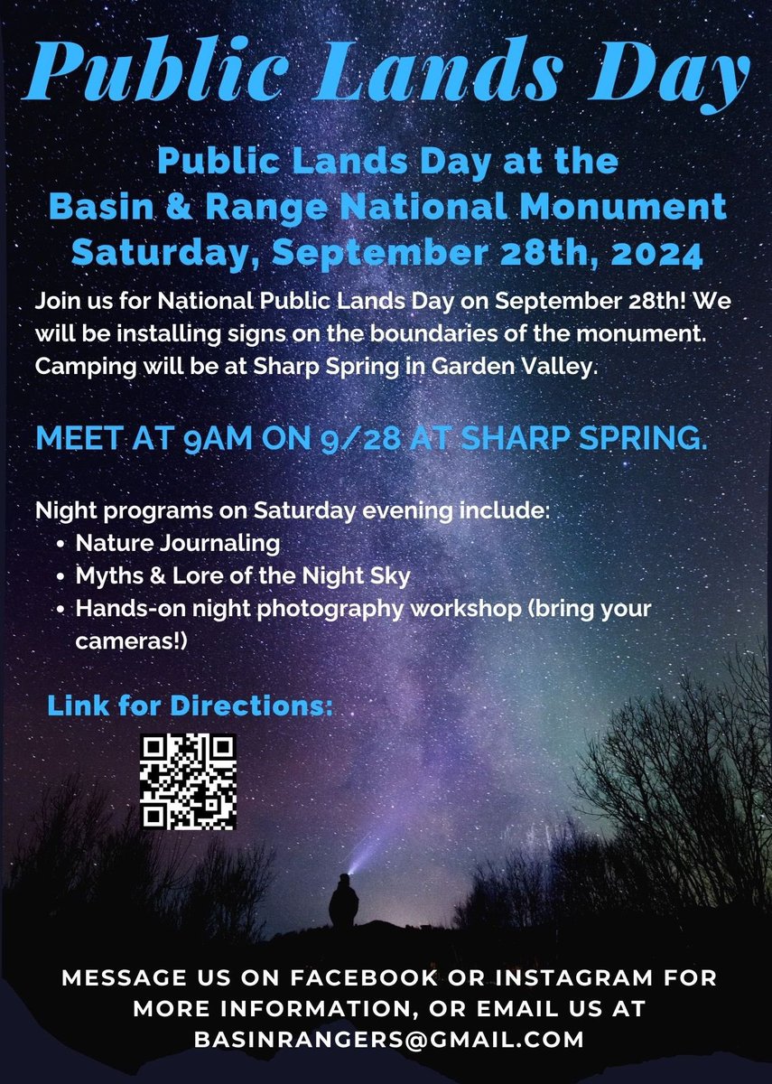 Coming Soon! Join us for BLM's Public Lands Day at the Basin &amp; Range National Monument on 9/28/24. We will install signs in the morning, then camp and enjoy some programs in the evening. See the flyer below for more information and for driving directions.