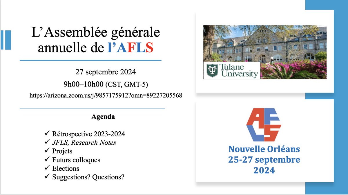Vous êtes cordialement invités à L'assemblée générale annuelle de l'AFLS que vous soyez déjà membres de l'Association ou pas: arizona.zoom.us/j/9857175912?o…
