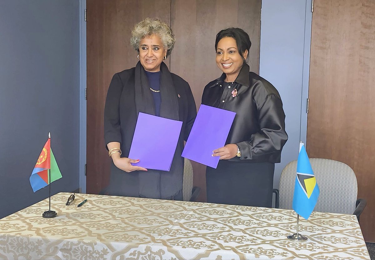 Saint Lucia UN (@saintluciaun) on Twitter photo Earlier today, Saint Lucia formalised diplomatic relations with the State of Eritrea, as we continue strengthening ties across Africa.
H.E Menissa Rambally🇱🇨 and H.E <a href="/AmbStesfamariam/">Amb. Sophia Tesfamariam</a>🇪🇷 signed the joint communiqué at a ceremony in New York.
<a href="/Eritrea_UN/">Eritrea at the UN</a> Earlier today, Saint Lucia formalised diplomatic relations with the State of Eritrea, as we continue strengthening ties across Africa.
H.E Menissa Rambally🇱🇨 and H.E <a href="/AmbStesfamariam/">Amb. Sophia Tesfamariam</a>🇪🇷 signed the joint communiqué at a ceremony in New York.
<a href="/Eritrea_UN/">Eritrea at the UN</a>