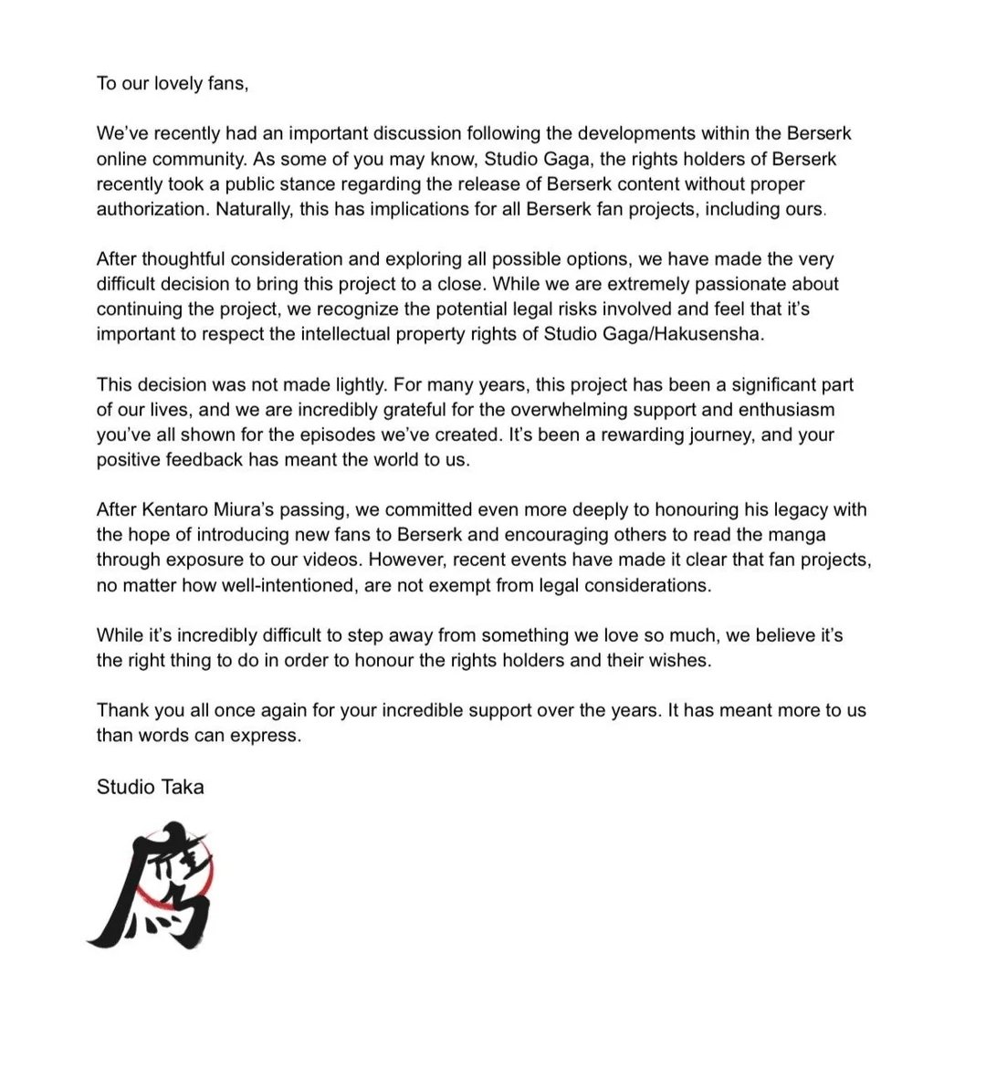 Berserk Fan Animation Project is Officially Cancelled