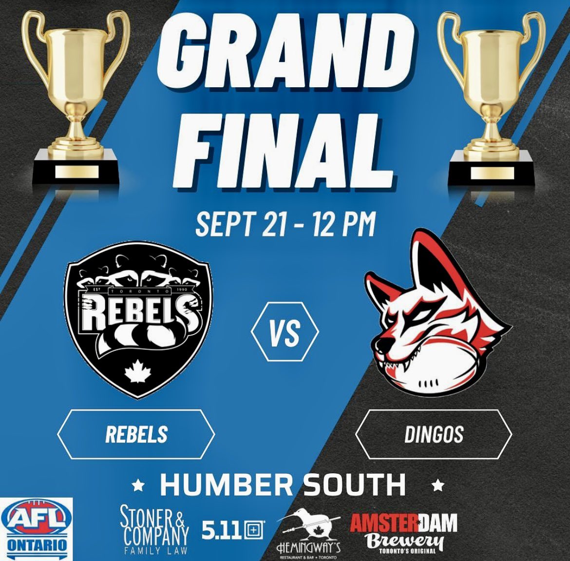 Big #GrandFinal rematch this Saturday between the <a href="/RebelsAFC/">Toronto Rebels AFC</a> &amp; <a href="/TorontoDingosFC/">Toronto Dingos</a> 
GetAround it #toronto <a href="/AFLCanada/">AFL Canada</a>