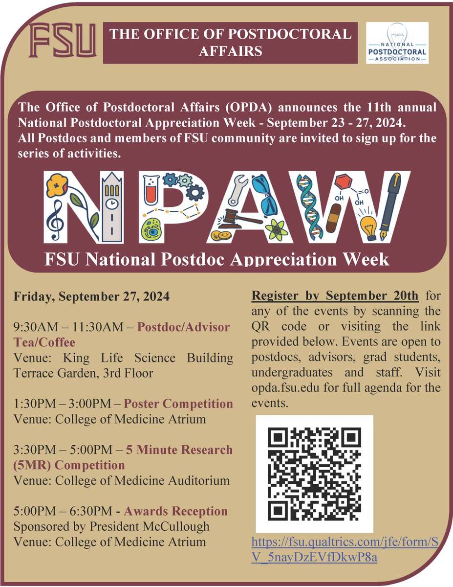 FSUPostdocs's tweet image. Registration by Friday (20th Sep) at the Latest!!
This is a master registration for all events surrounding the National Postdoc Appreciation Week (#NPAW24) from September 23 to 27, 2024
fsu.qualtrics.com/jfe/form/SV_5n…